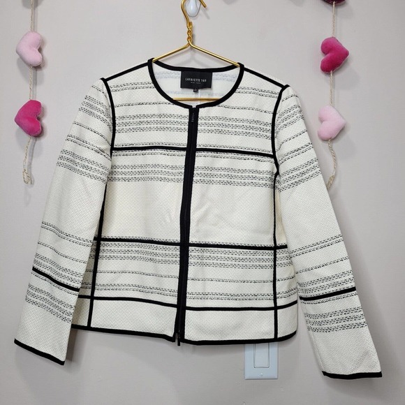 LAFAYETTE 148 NY Woven Striped Textured Bounce Tweed Zip Blazer Jacket Sz Large